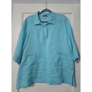 Wild Palms Womens 100% Linen Top Teal Pockets Size Large